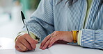 Woman, hands and writing in book for study, university and school exam or quiz in house. Student, closeup and memory notes on paper with learning or knowledge for college, scholarship in home bedroom