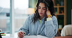 Woman, thinking and writing in book for study, university and school quiz in house. Student, closeup and memory notes on paper with learning or knowledge for college, scholarship in home office