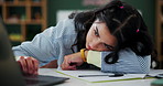 Bored girl, laptop and documents with homework for research assignment, project or task on desk. Lazy female person, student or learner resting on table with paperwork and computer for information