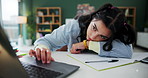 Girl, online and student tired with laptop for studying for important exam or assignment, burnout and mental block or fatigue. Learner, digital technology and research for assessment and education.