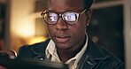 African, businessman and web designer with tablet in closeup for feedback, comment and help with software. Male person or creative employee and face with tech for editing and planning app or art