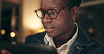 Happy, African man and face in closeup for web design with tablet for feedback, comment and help with software. Male person or creative employee and with tech for update, planning and editing app