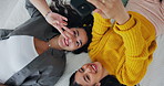 Happy girl, friends and selfie with peace sign above for social media, vlog or post in bed at home. Top view of young female person or people with smile for memory, photography or picture in bedroom