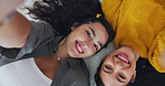 Happy girl, friends and bed with selfie above for social media, vlog or post together at home. Top view of young female person or people with smile for memory, photography or picture in bedroom
