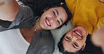 Happy girl, friends and laughing with selfie above for social media, vlog or funny joke at home. Top view of young female person or people with smile for memory, photography or picture in bedroom