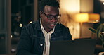 Deadline, laptop and night with business black man in office for problem solving or review. Computer, doubt and frustration with confused design employee in creative workplace for evening overtime