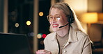 Virtual assistant, headset and woman consultant in office at night for technical support surveillance duty. Programming, late and female police cyber security agent working on computer for overtime.