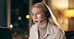 Technical support, headset and woman consultant in office at night for virtual assistant surveillance duty. Programming, late and female police cyber security agent working on computer for overtime.