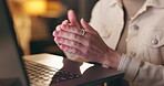 Office, laptop and fingers of woman with stretching for muscle pain, help and digital article. Journalist, keyboard and hands with exercise at night for carpal tunnel, support and problem at work