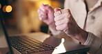 Hands, laptop and typing with business person in office at night for report, research or review. Computer, information and internet with employee closeup at desk in workplace for evening deadline