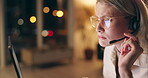 Call center, shock and woman with headset in office at night for virtual assistant surveillance duty. Programming, contact us and female police consultant working late on computer in workplace.