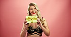 Happy woman, underwear and lingerie with gift box, pleasure or thank you on a red studio background. Portrait of female person, model or young blonde with smile for present, prize or sensual giveaway