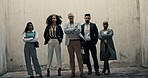 Collaboration, leadership and management with business people in urban parking lot for serious company. Concrete, portrait and teamwork with employee group in city for ambition, diversity or mission