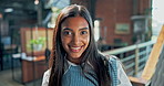 Happy, professional and face of business Indian woman with company pride, confidence and smile. Creative, publishing house and portrait of worker in office for career, copywriter job and working