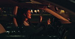 Happy woman, driver and dancing with car at night for music in cruise, transportation or commute. Female person in relax, enjoying or driving vehicle in late evening for fun travel in an urban town