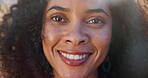 Face, opportunity and smile with black woman closeup for inspiration, mindset or mission. Excited, happy and portrait with confident person looking positive or proud in moment of enthusiasm or hope  