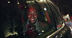 Dark, black woman and car window for travel, smile and rain
 in transport to date. Technology, mobile and social media for female person, networking and internet or online dating app and conversation