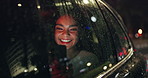 Road, car window and woman in smartphone with smile at night in rain weather for traveling, trip and tour in New York city. Female passenger, taxi and happy for adventure with transport service