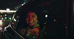 Car, window and girl in city at night for excited travel vacation with fun, freedom and road trip. Smile, transport and happy woman in taxi for urban adventure, holiday celebration and dark street.