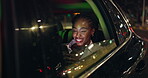 Night, cellphone and woman in car window for travel, transport or taxi for date. Technology, media or networking on mobile for female person, internet or scroll for online dating app and conversation