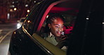 Night, travel and black woman with smartphone in taxi for transport, social media or networking. Smile, commute and person with mobile phone for texting, communication or online dating app