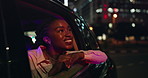 Happy, African woman and window of car at night for city view while traveling and thinking for new job. Female person, smile and transport in taxi for sightseeing town on holiday before work