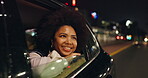 African woman, happy and window of car in night for city view, travel and outdoor street excitement for new urban life. Girl, driving and downtown with wind in hair for car ride sightseeing and tour.