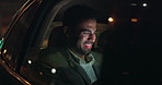 Happy man, laughing and car at night with phone for communication, social media or travel in city. Young businessman or employee with smile for late evening in commute, immigration or driving in cab