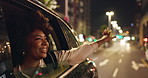 Car, window and woman in city at night for excited travel vacation with fun, freedom and road trip. Smile, transport and happy girl in taxi for urban adventure, holiday celebration and dark street.