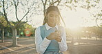 Phone, smile and summer with business Indian woman in parking lot for break, communication or networking. App, flare and wind with happy employee reading email or text message on mobile in park