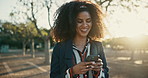 Phone, funny and summer with business black woman outdoor in park for morning commute to work. Comedy, laughing and meme with smile of happy employee browsing social media app for comic or humor