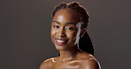 Beauty, skincare and portrait of black woman with smile for natural shine, glow and luxury cosmetics. Dermatology, facial care and girl with confidence, makeup and healthy skin on studio background.