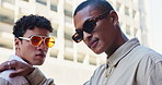 Outdoor, men and fashion in portrait with confidence for campaign, style and streetwear in Spain. Friends, stylist and gen z with sunglasses for eyewear with trendy clothes, attitude and cool