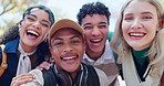 Group smile, nature and friends for selfie with online diversity, social media update and profile picture. Portrait, excited students and photograph outdoor with happy reunion and fun memory together