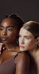 Women, beauty and cosmetic in studio in dark background for makeup in profile for wellness, skincare and pose. Female people, diversity and face for pride, confident and trendy in backdrop in closeup