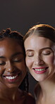 Woman, diversity and smile in studio for skincare, flawless complexion and together for cosmetic beauty with natural makeup. Support, self love and relax, confident for collaboration and empowerment