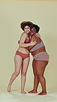 Body positivity, diversity and women happy, hug and smile for shape, size and weight acceptance, inclusion and solidarity. Empowerment portrait, lingerie or curvy friends hugging on studio background