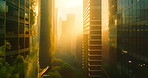 City, drone and sunset with architecture buildings in morning for business, corporate or profession. Background, flare and skyline with sunlight in bright urban district or town for end of day