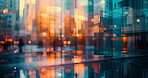 Bokeh, light and city in abstract with window for wallpaper, office or graphic in building. Corporate, infrastructure and double exposure of background with glass for architecture, interior or design