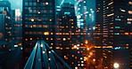 Skyline, window and reflection at night with bokeh on city lights and abstract bokeh for architecture wallpaper. Office building, evening and town view with flare for finance or economy background