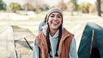Woman, face and smile in nature for camping, happy and holiday or getaway with friends for peace. Vacation, adventure and camper, park and outdoor or relax on eco friendly travel in forest for break