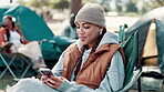 Woman, smartphone and happy in nature for camping, smile and holiday or getaway with friends for peace. Vacation, adventure and camper online for social media post, blog and laughing for meme