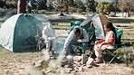 Camping, friends and food with bbq in outdoors for fresh air with eco travel in summer with tents. Nature, adventure and relax with people on journey with break on weekend in New Zealand for holiday.