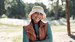 Young, woman and portrait with smile in nature or park for holiday, outdoor or travel to forest. Female student, happiness or vacation in countryside with adventure, arms crossed in Mexico with trees