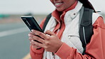 Hands, phone and travel person on road with app for ride share, transport or travel closeup. Direction, location and map with backpacking tourist on street to search for information or navigation