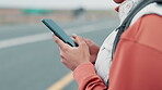 Hands, phone and travel person on street with app for ride share, transport or travel closeup. Direction, location and map with tourist on road to search for backpacking information or navigation