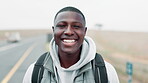 Road, hiking and portrait of black man for journey, safety or immigration. Smile, travel and happy person with backpack for safe destination, flee war or waiting for lift on highway in Germany