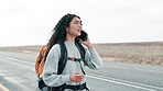 Woman, travel and signal for smartphone on road for phone call, communication and directions for trip or journey on adventure. Girl, cellphone and bad service or connection in outdoor for information