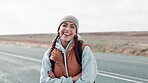 Road, trekking and portrait of woman with arms crossed for journey, safety or immigration. Smile, travel and person with backpack for freedom, flee conflict or waiting for lift on highway in America