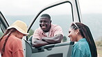 Group, road trip and car with door, talk and smile for conversation and travel discussion. Friends, diversity and communication for summer adventure, holiday break and outdoor vacation happiness